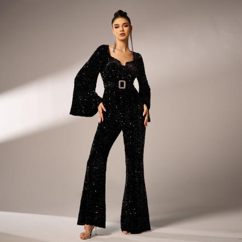 Women's Middle East New High-grade Long-sleeved Square Collar Slim-fit Hip Banquet Sequin Evening Long Jumpsuit