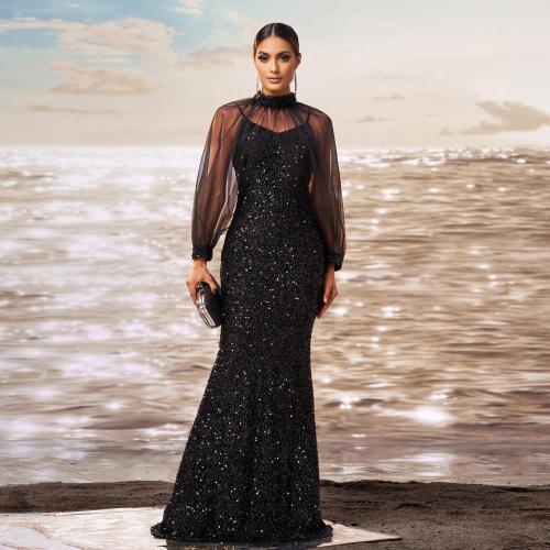 Women's New High-grade Long-sleeved Round Neck Slim-fit Hip Banquet Sequin Fishtail Evening Dress