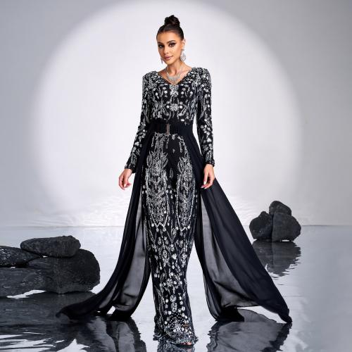 New Elegant V-neck Long Sleeve Long Sequin Banquet Hip Evening Dress Women's Pants