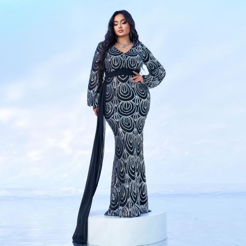 Plus size Women's Long Sleeve V-neck Banquet Sequin Strap Evening Dress