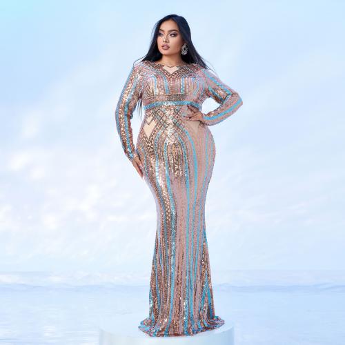 Plus size Women's Long Sleeve Round Neck Banquet Sequin Fishtail Evening Dress