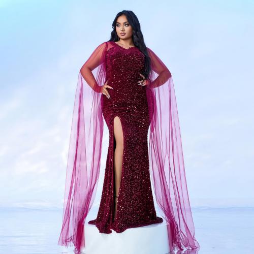 Plus size Women's Long Long Sleeve V-neck Banquet Sequin Fishtail Evening Dress