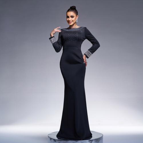 New Elegant Round Neck Long Sleeve Long Hot Rhinestone Banquet Hip Evening Dress Bridesmaid Dress