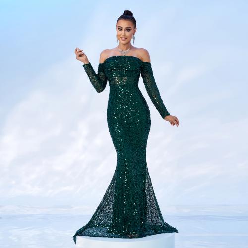 New Elegant Long Sleeve Long Sequin Banquet Fishtail Evening Dress Bridesmaid Dress