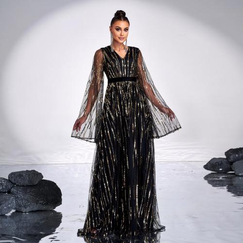 Elegant V-neck Long Sleeve Long Sequin Banquet Large Set Evening Dress Bridesmaid Dress