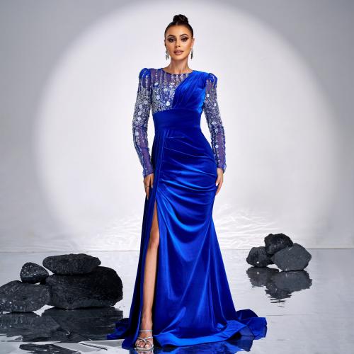 High-end Long-sleeved Elegant Round Neck Long Sequin Banquet Heavy Industry Evening Dress Bridesmaid Dress