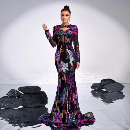 Long-sleeved Crewneck Sexy Hollow Long Sequin Banquet Fishtail Evening Dress Bridesmaid Dress