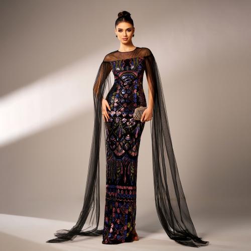 High-end Long-sleeved Elegant Round Neck Long Sequin Mesh Evening Dress Bridesmaid Dress