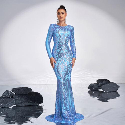 High-end Long-sleeved Elegant Round Neck Sexy Long Sequin Banquet Evening Dress Bridesmaid Dress