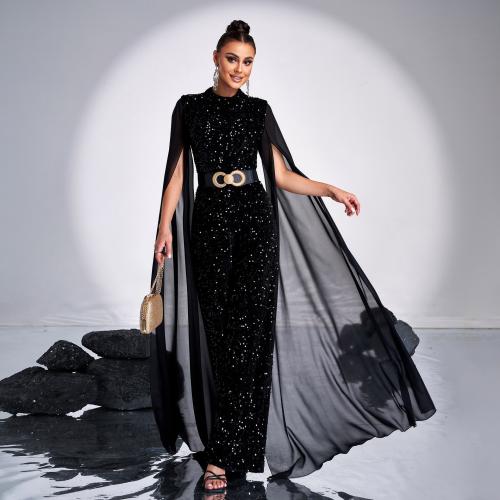 Women's High-end Elegant Long-sleeved Round Neck Sequin Banquet Pants Evening Dress Bridesmaid Dress