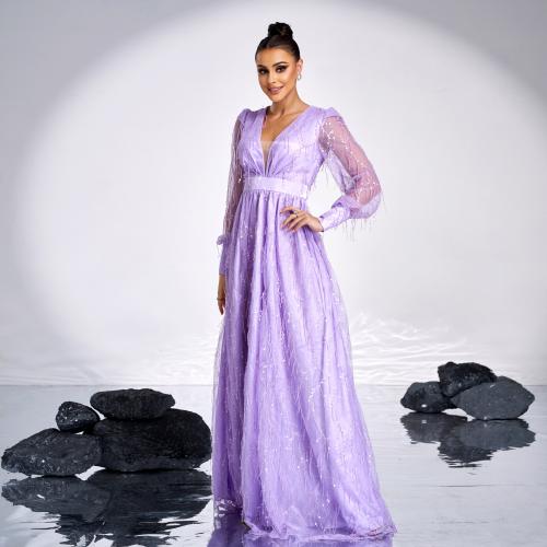 High-end Long-sleeved Elegant V-neck Sexy Sequin Banquet Evening Dress Bridesmaid Dress