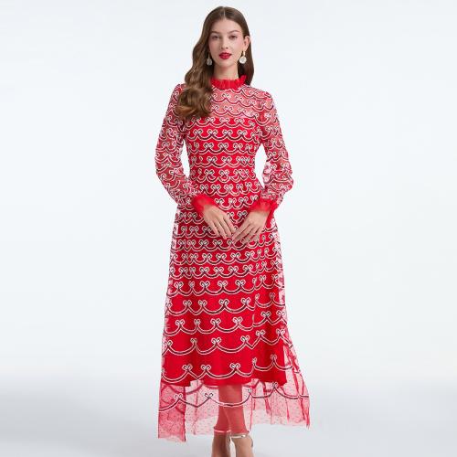 Autumn New Women's Elegant Vintage Embroidered Bead Long Sleeve High Waist dress Dress Long Dress