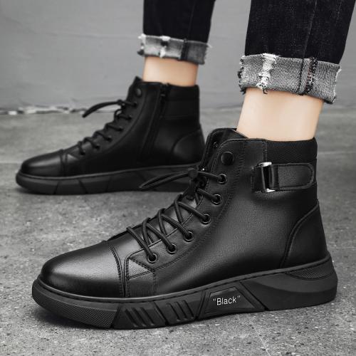 Microfiber PU Synthetic Leather & PVC Men Casual Shoes hardwearing & anti-skidding Plastic Injection Solid black Pair