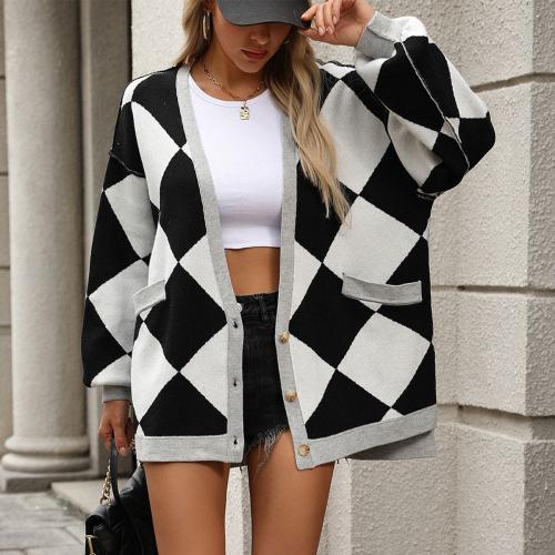 Autumn and Winter New V-Neck Rhombus Stitching Contrast Color Loose Knitted Cardigan Jacket Sweater