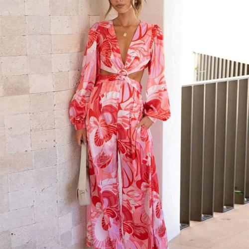 New elegant V-neck waist printing fashion wide leg jumpsuit