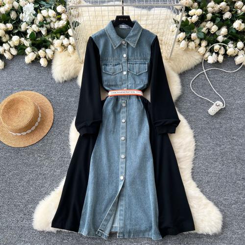 Contrast Color Denim dress Women's Autumn New Lace-up Waist Elegant Stitching Shirt Midi Dress