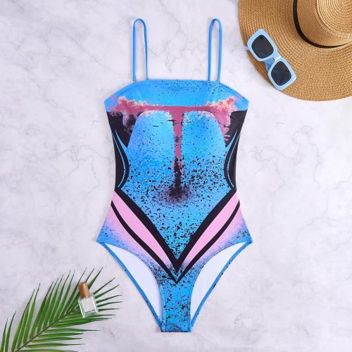 Polyester One-piece Swimsuit flexible & slimming & two piece printed blue Set