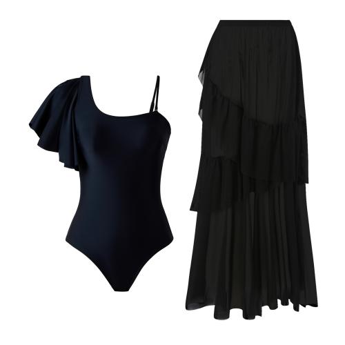 Polyester scallop One-piece Swimsuit & two piece Solid black Set