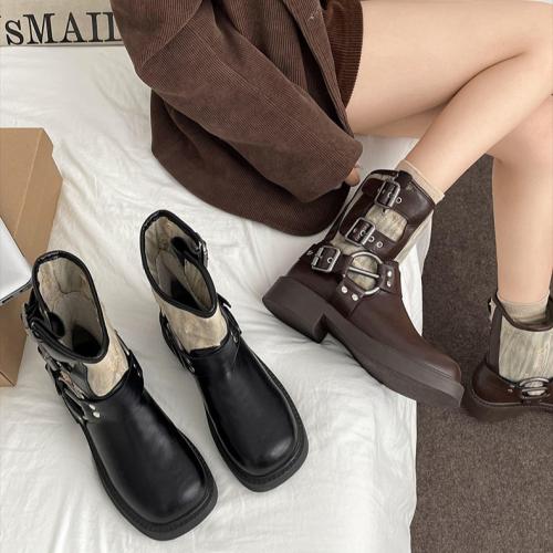 Brown Retro British Style Thick Heel Platform Martin Boots All-match Slim Look Short Boots