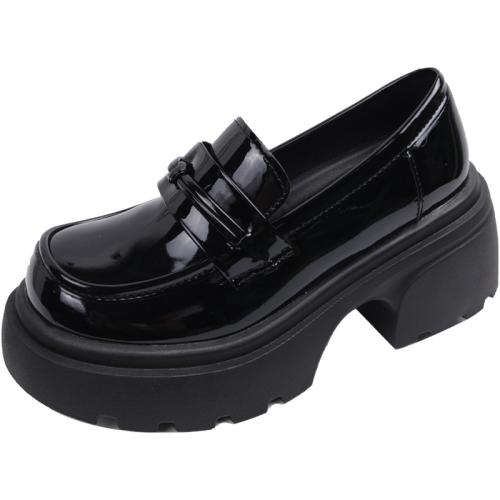 Fashion Commuter All-match Black Thick Heel Loafers Retro Thick Sole Leather Shoes