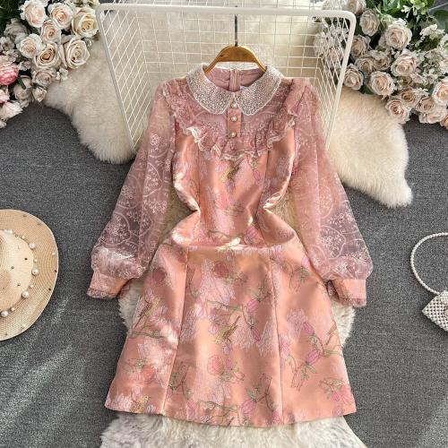 Women's Autumn and Winter Dress Elegant Doll Collar Waist Slimming Lace Stitching Jacquard Dress