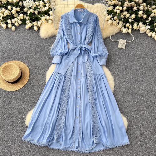 French Style Elegant dress Women's Autumn High-end Lace Stitching Single-breasted Waistline Over-knee Dress