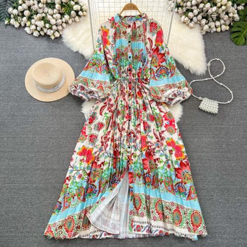 Vintage Court Style Lantern Long-sleeved Round Neck Tight Waist Single-breasted A- line Printed Dress