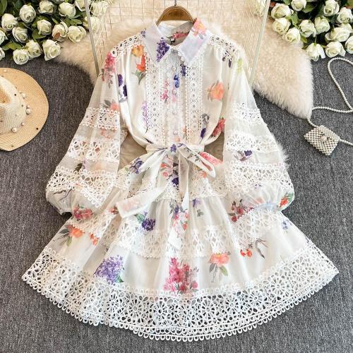 Plus size French Style Tea Break Lace Stitching Floral dress Women's Vacation Elegant Tight Waist A-Line Skirt