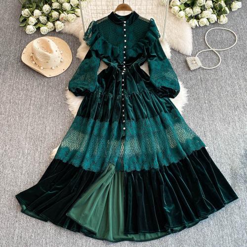 Women's French Style Retro Fashionable Set Collar Pearl Single-breasted Lace Stitching Velvet Dress