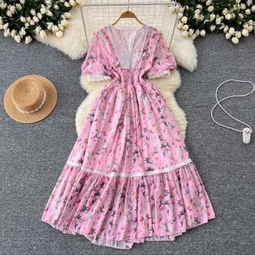 Elegant dress Women's Summer High-end V-neck Lace Stitching Puff Sleeve Waist Floral Chiffon Dress