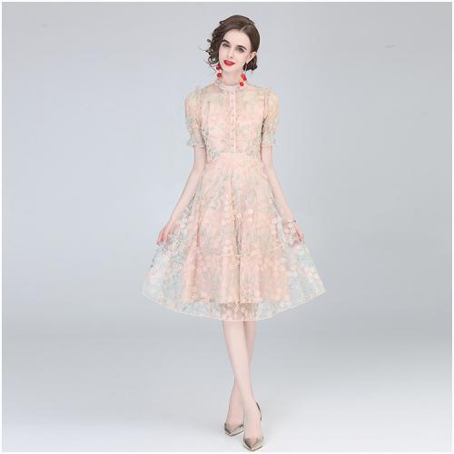 High-end Light Luxury Embroidered Lace Stitching Slimming A- line dress Elegant Dress