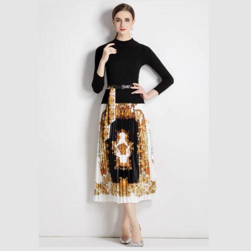 Fashion suit Women's Slim-fit Slim Knitted Top Two-piece Dress Set High Waist Baroque Printed Pleated Skirt