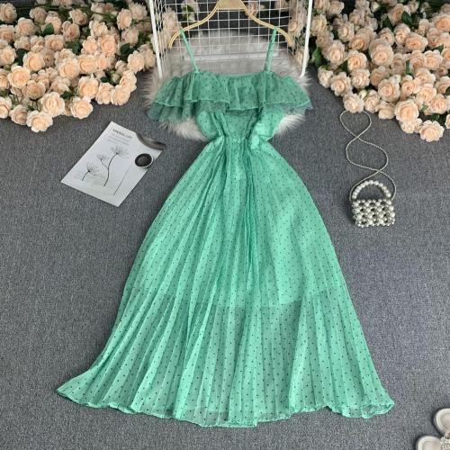 Off-shoulder lace stitching ruffled dress women's sweet off-shoulder strap waist-length polled chiffon pleated maxi dress