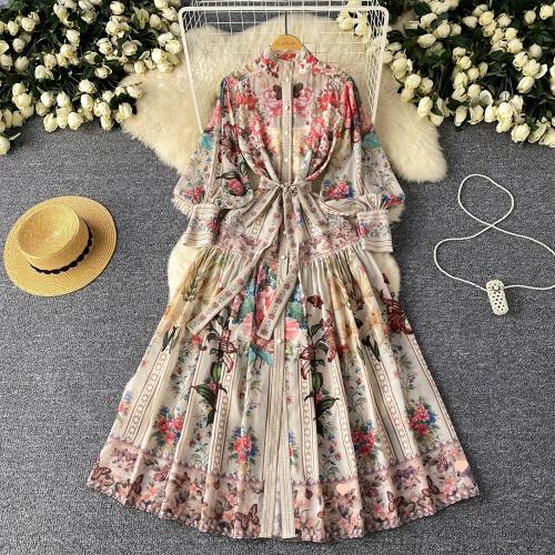 Retro Court Style Printed dress Women's Lantern Sleeve Tight Waist Strap Elegant Long Dress