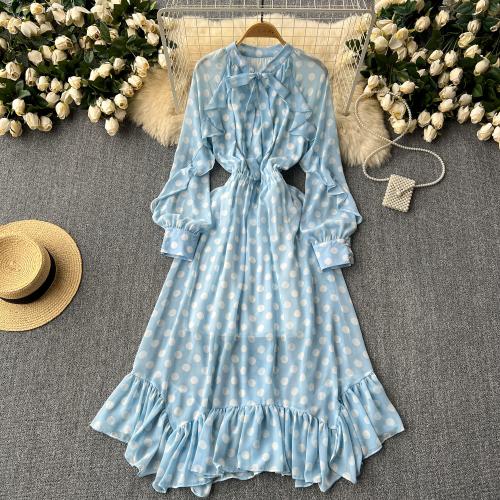 New Irregular French Style Lace-up Tight Waist Slimming Lace-up Polar Dot Chiffon dress Elegant Long Dress