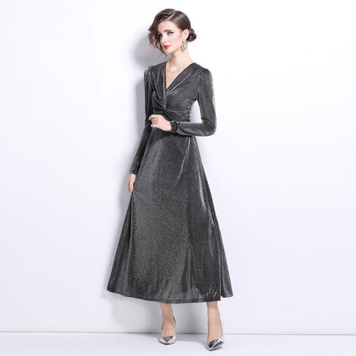 New Women's Elegant Retro V-Neck Long Sleeve Slim Fit Waist Large Swing Dress