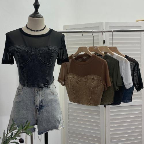 Denim stitching mesh short sleeve T-shirt design fake two piece hot girls short jacket