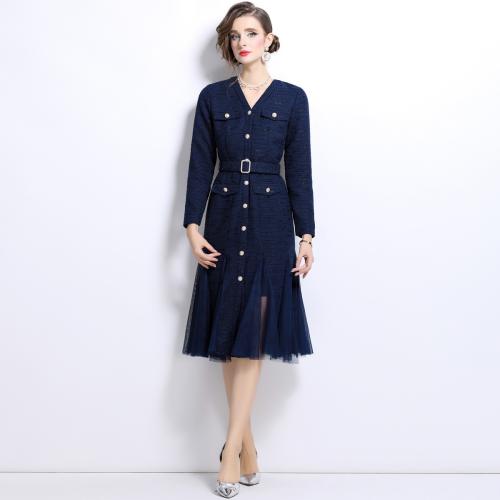 Women's Long-sleeved Dredd Autumn and Winter New Dress High-end Slim-fit Elegant Mesh Patchwork Fishtail Skirt