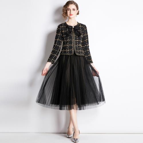 Autum New Women's Long-sleeved Plaid Woolen Mid-length Mesh Skirt Two-piece Suit