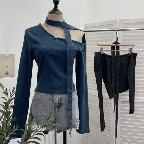 Autumn Denim Shirt Design Scarf Strap Long Sleeve Short Slim Fit Top