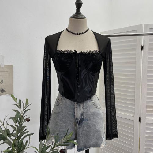 PU leather stitching mesh tube top long sleeve T-shirt slim sequined lace chest pad short top