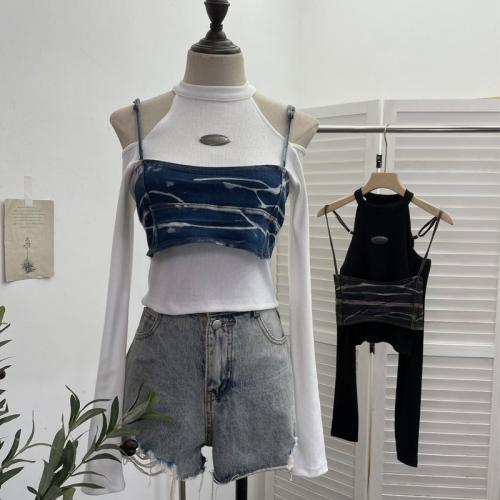 Sexy Slim Long Sleeve T-shirt Design Sling Fake Two-piece Denim Short Shoulder Top