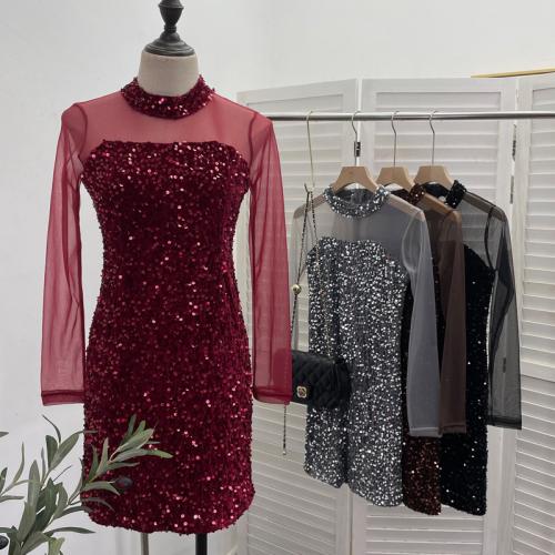 Sequined velvet dress autumn and winter mesh stitching waist slimming dress hip wrap skirt