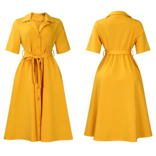 Summer Short-sleeved Dress Collar Strap Solid Color plus size dress