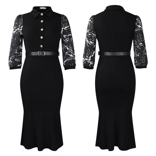 New single-breasted printed 3/4 sleeve stitching elegant hip elegant dress