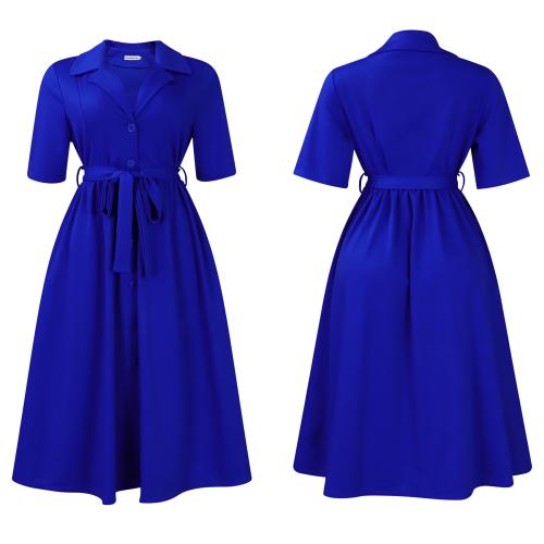 Women's summer new fashion Dress shirt collar short sleeve solid color waist dress