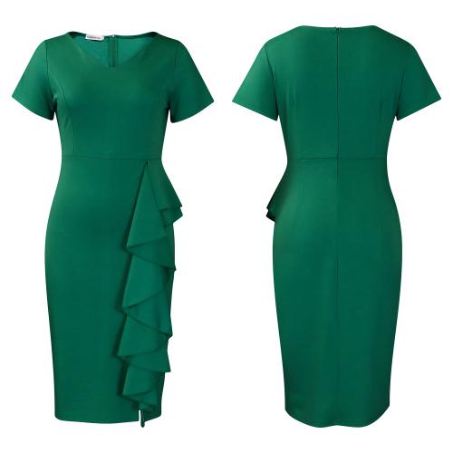 Plus size Women's New Short-sleeved Solid Color Hip Ruffled High Waist dress