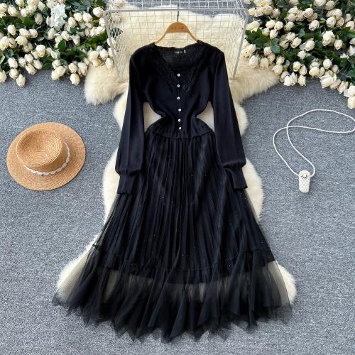 French Style Small Black Dress Women's Autumn and Winter Dress Knitted Stitching Waisted dress