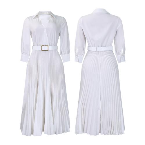 New Fashion Lapel Long Sleeve High Waist Elegant Pleated Solid Color dress