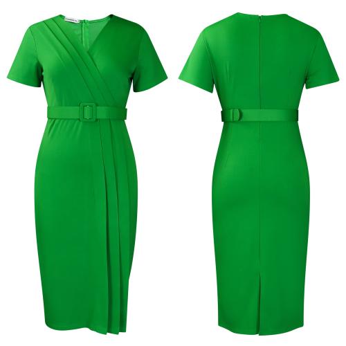 Summer New Short-sleeved V-neck Tight Waist Solid Color OL Pencil dress